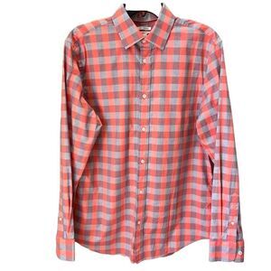 Old Navy slim fit button down long sleeve collard Coral plaid shirt size medium